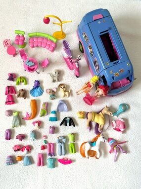 Polly Pocket Lot: Club Groove Party Bus, Horses, Pets, Furniture, Clothes, Dolls